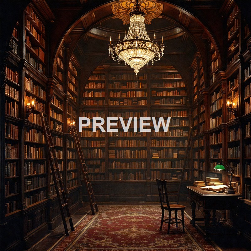 An elegant, dimly lit library with tall wooden bookshelves filled with numerous books, a large chandelier hanging from the ceiling, a small desk with an open book and a green-shaded lamp, and two ladders leaning against the shelves.